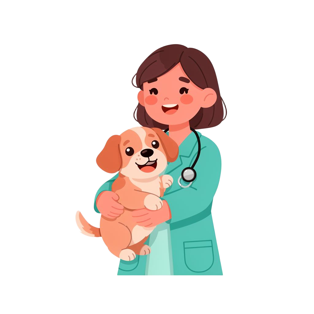 Cartoon veterinarian hugging a happy puppy